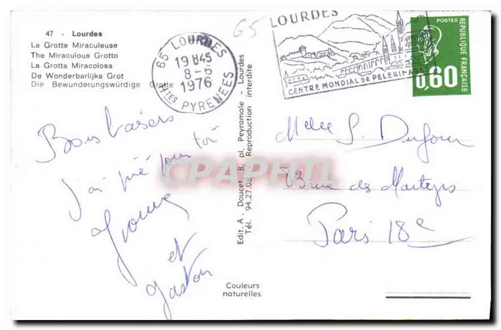 A Gruta Milagrosa — Lourdes — Edição A. Doucet - Verso
