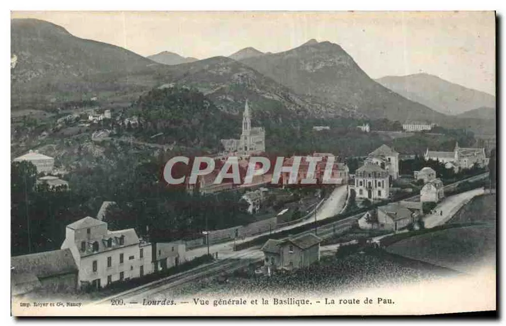 Lourdes — Allgemeiner Blick und die Basilika — Die Route von Pau — Imp. Boyer et Cie, Nancy, Nr. 200 - Vorderseite
