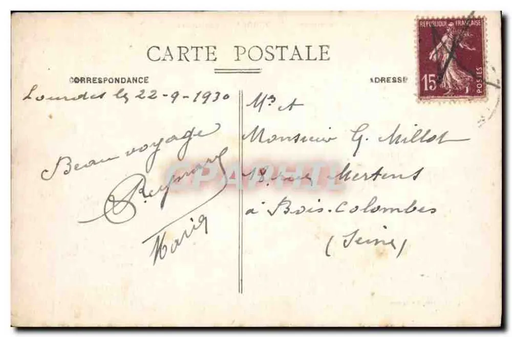 Lourdes - A Esplanada — estátua de anjo e igreja — editor Sirey, n° 77 - Verso