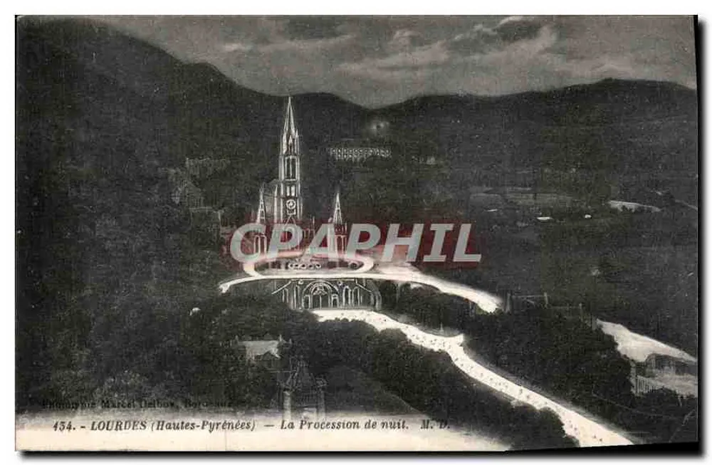 LOURDES (Hautes-Pyrénées) — A Procissão da noite — Philomypie Marcel Delboux, Béziers, n°454 - Frente