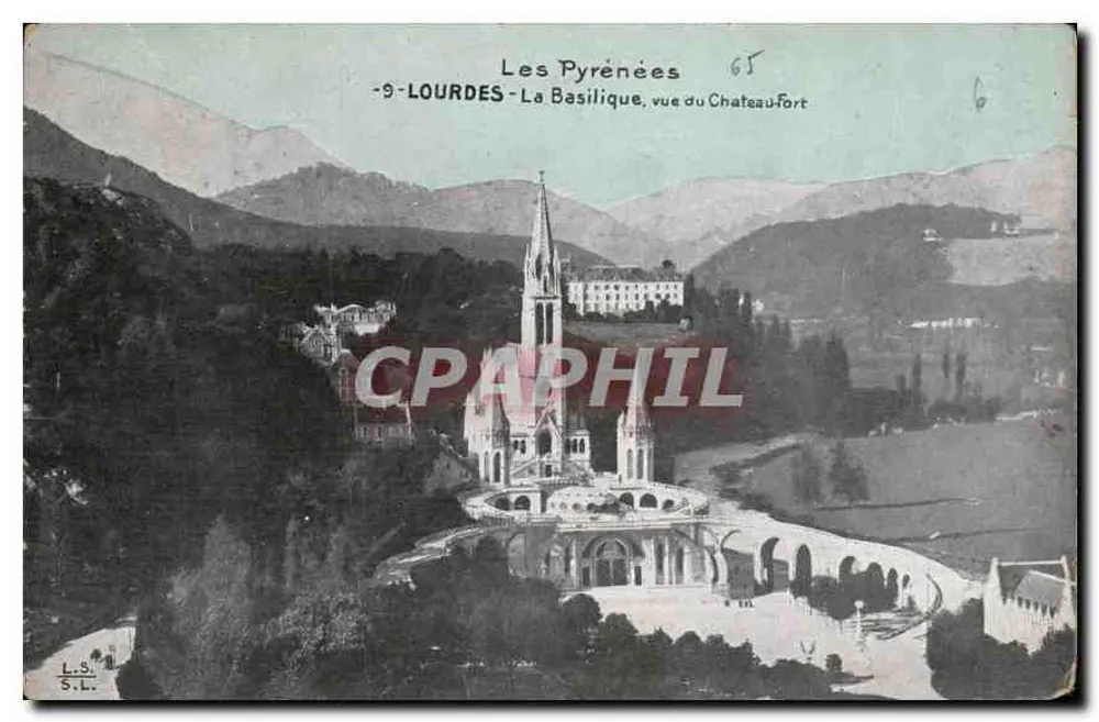 Lourdes - Die Basilika, Ansicht vom Schloss-Fort — Die Pyrenäen, Verlag L.S. S.L., Nr. 65 - Vorderseite