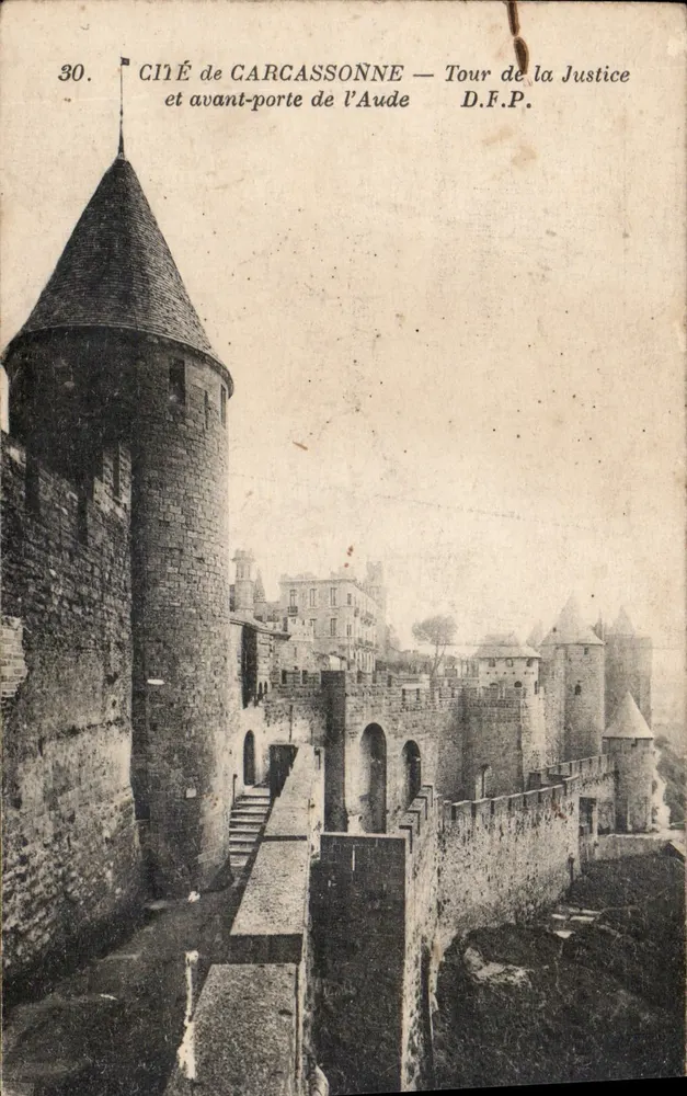 Stadt Carcassonne — Turm der Gerechtigkeit und Vorstadt der Aude — D.F.P. - Vorderseite