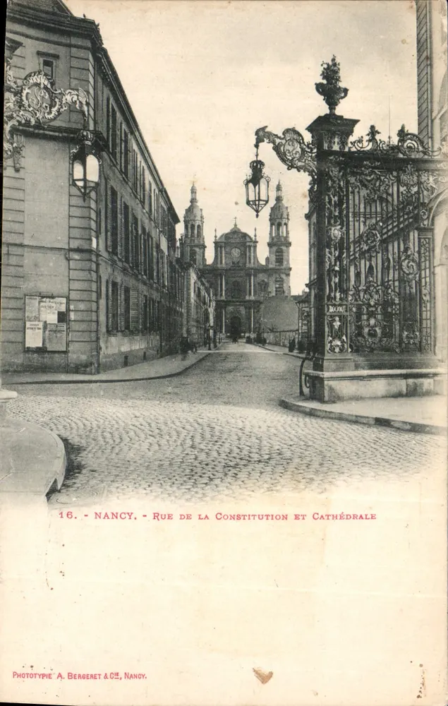 Nancy — Rue de la Constitution e Catedral — Fototipia A. Bergeret & Cie, Nancy - Frente