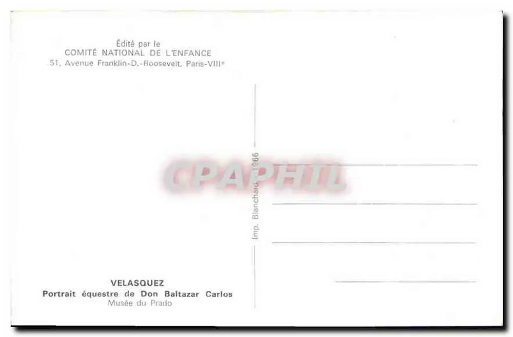 Reitporträt von Don Baltazar Carlos — Vélasquez — Veröffentlicht vom COMITÉ NATIONAL DE L'ENFANCE, Paris-VIII* - Rückseite