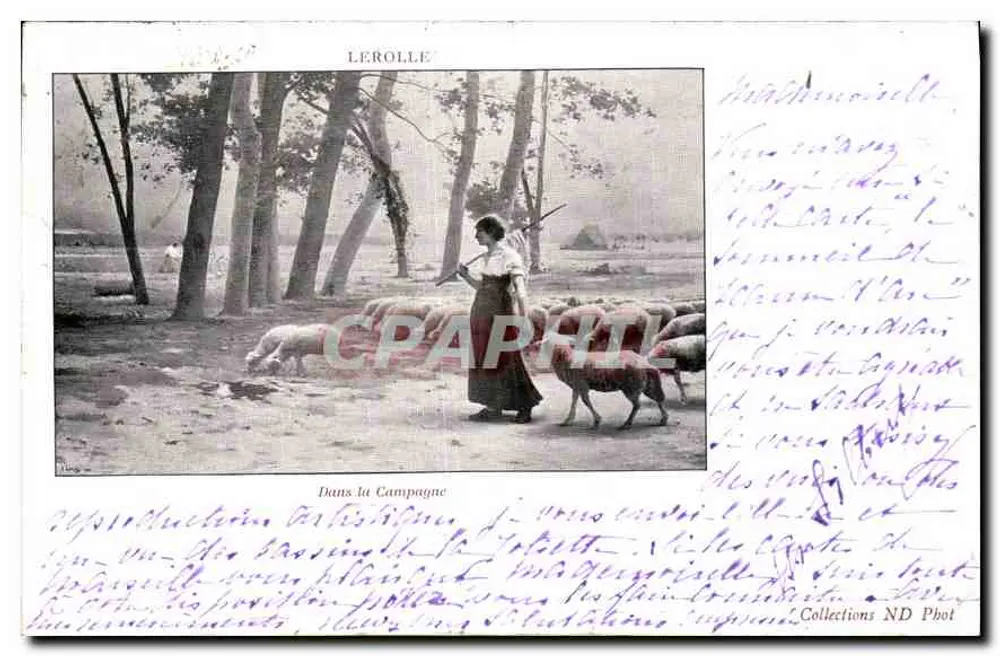 Mulher balançando um rebanho de ovelhas — Lerolle — Na Campina - Frente