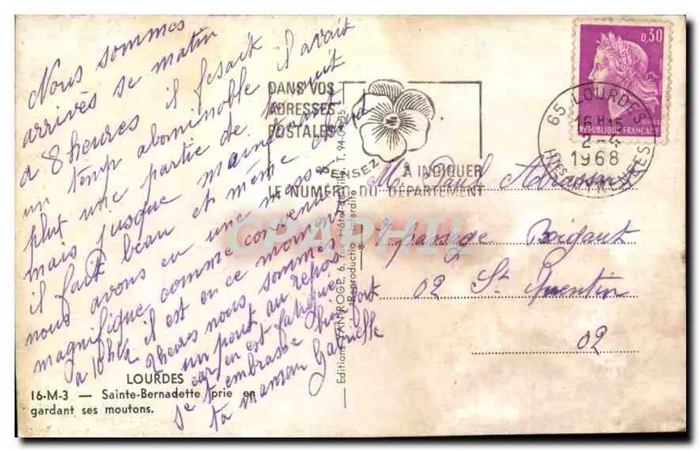 Sainte-Bernadette betend und ihre Schafe hüten — Éditions Lourdes, n°16-M-3 - Rückseite