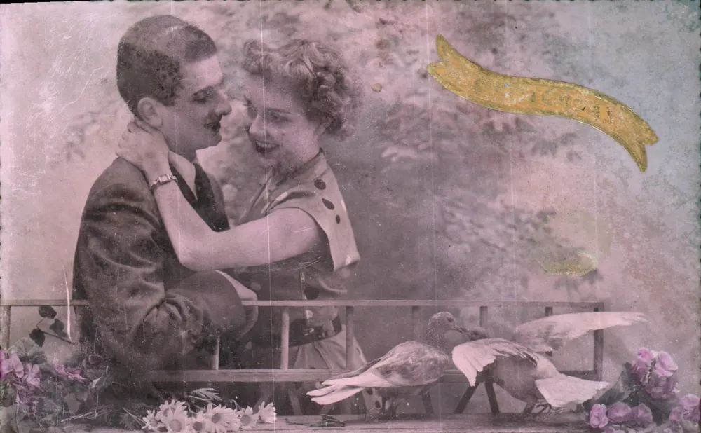 Casal apaixonado — pombos e flores — ARS, Série 1002 - Frente