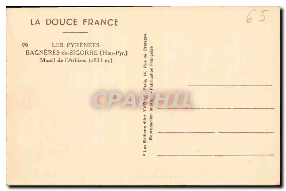 Die Pyrenäen — Bagnères-de-Bigorre (Massif de l'Arbizon, 2831 m) — Les Éditions d'Art YVO, Paris - Rückseite