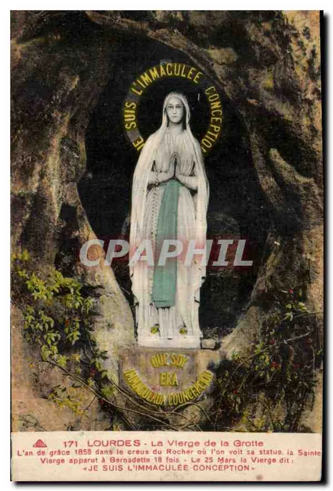 Lourdes - A Virgem da Gruta — aparição de Bernadette em 1858 — editor C° Alsacienne des Arts Photographiques, n° 171 - Frente
