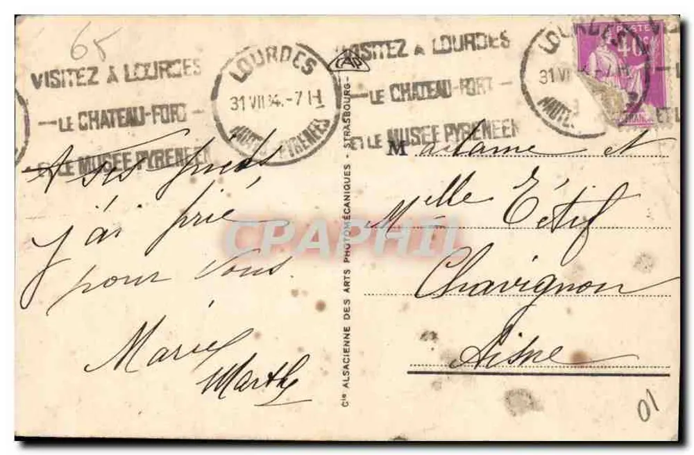 Lourdes - A Virgem da Gruta — aparição de Bernadette em 1858 — editor C° Alsacienne des Arts Photographiques, n° 171 - Verso