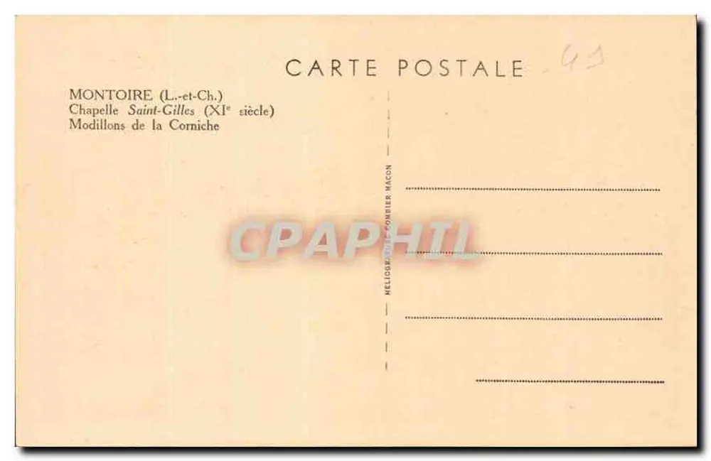 Montoire (Loire-et-Cher) — Kapelle Saint-Gilles (11. Jahrhundert) — Modillons der Corniche — Verlag Heliosgraphe Pomber Macon - Rückseite