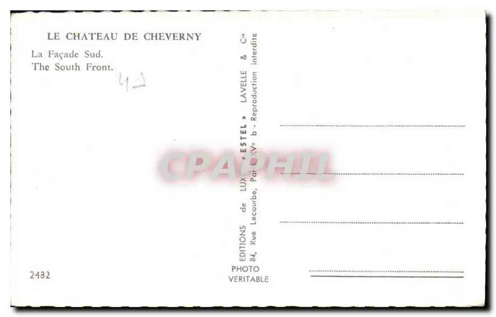 Castelo de Cheverny — Fachada Sul — Éditions Laveille & Cie, Estel - Verso
