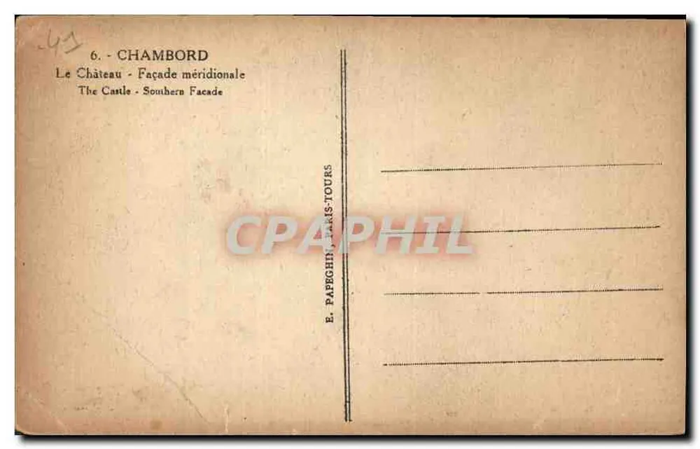 Chambord — Fachada meridional — E. Papeghn, Paris-Tours - Verso