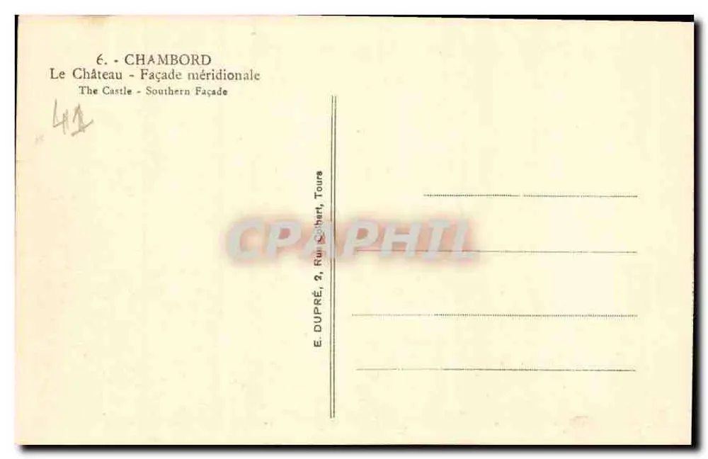 Chambord — Fachada meridional — E. DUPRÉ, Tours - Verso