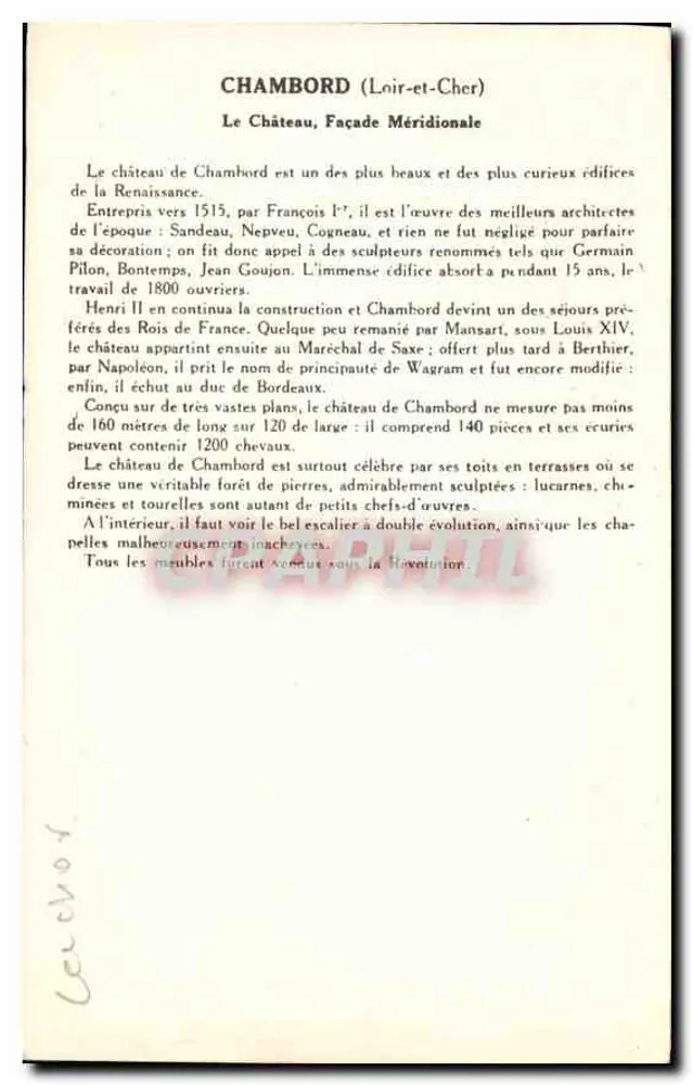 Chambord (Loir-et-Cher) — Le Château Façade Méridionale — Collection de la Solution Paulinburge, 1e Série - Verso