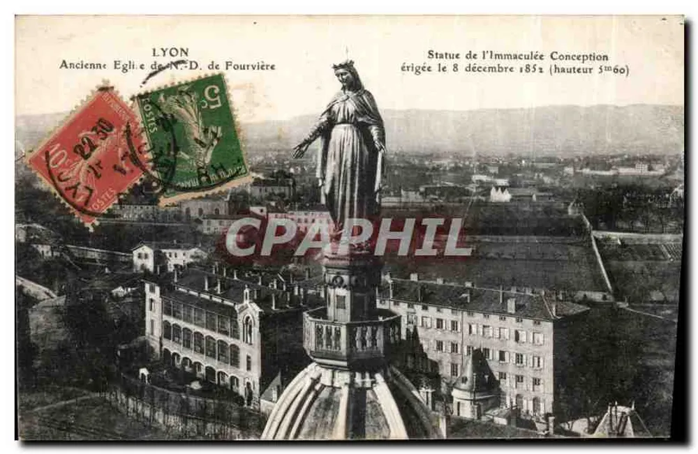 LYON — Alte Kirche Notre-Dame de Fourvière — Statue der Unbefleckten Empfängnis (Höhe 3m60) — errichtet am 8. Dezember 1852 - Vorderseite