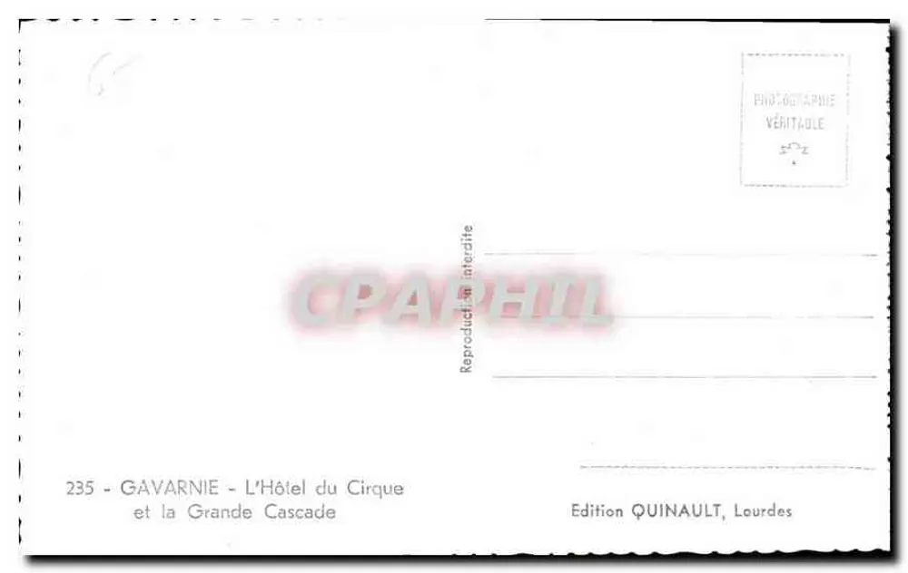 Gavarnie - L'Hôtel du Cirque et la Grande Cascade — Édition Quinault, Lourdes, n°235 - Verso