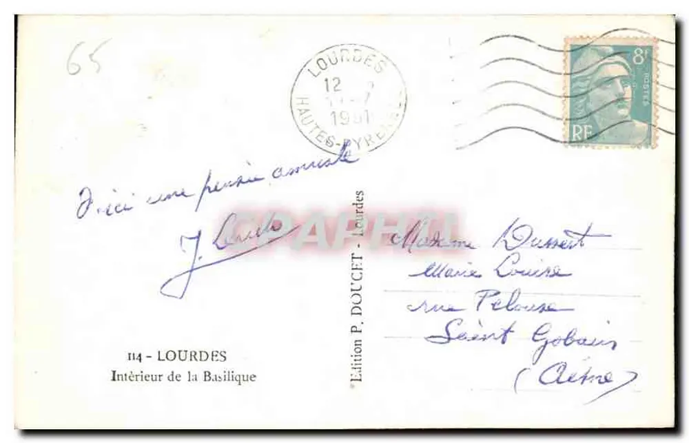 Interior da Basílica — Lourdes — Edição P. Doucet, n°114 - Verso