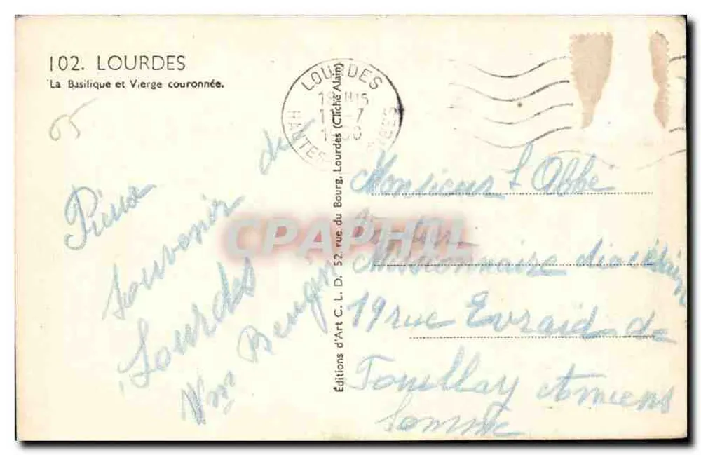 Lourdes — A Basílica e Virgem coroada — Edições de Arte C. L. D. - Verso