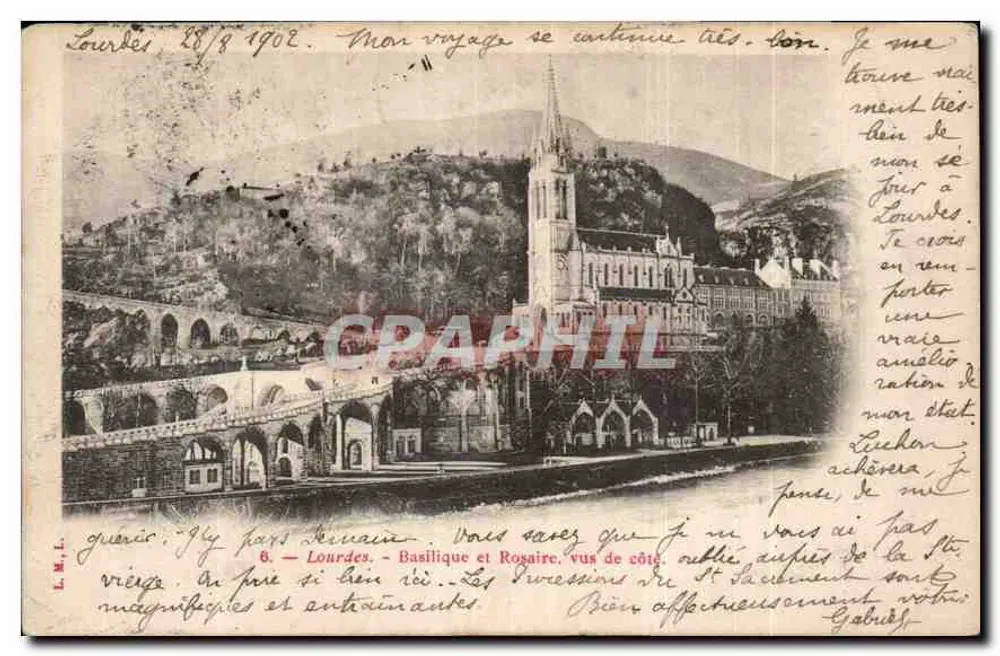 Lourdes — Basilique et Rosaire, vus de côté, arrière de la St. Sacrement — L.M.L. n°6 - Recto