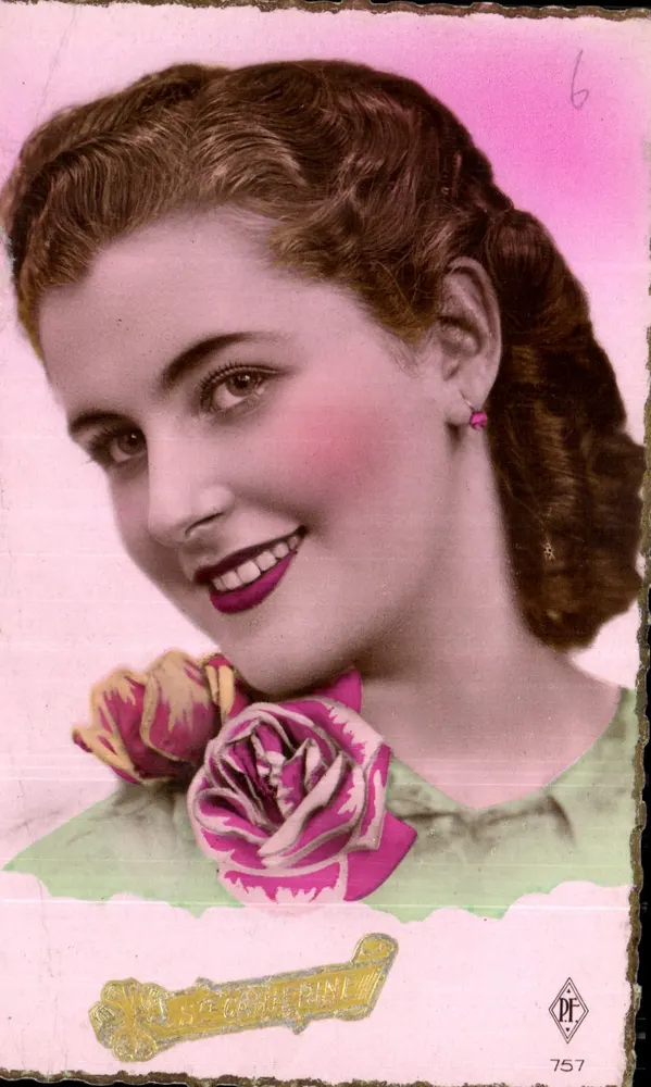 Mulher jovem sorridente — rosa e tulipa — P.F. 757 - Frente