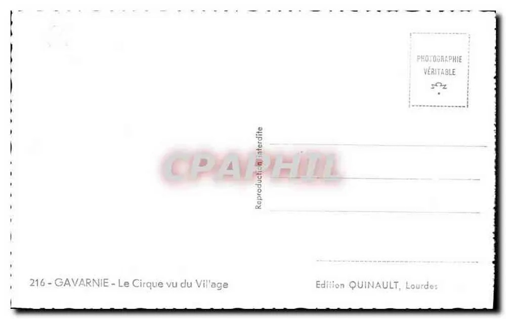 Gavarnie — Le Cirque vu du Village — Édition Quinault, Lourdes, n°216 - Verso