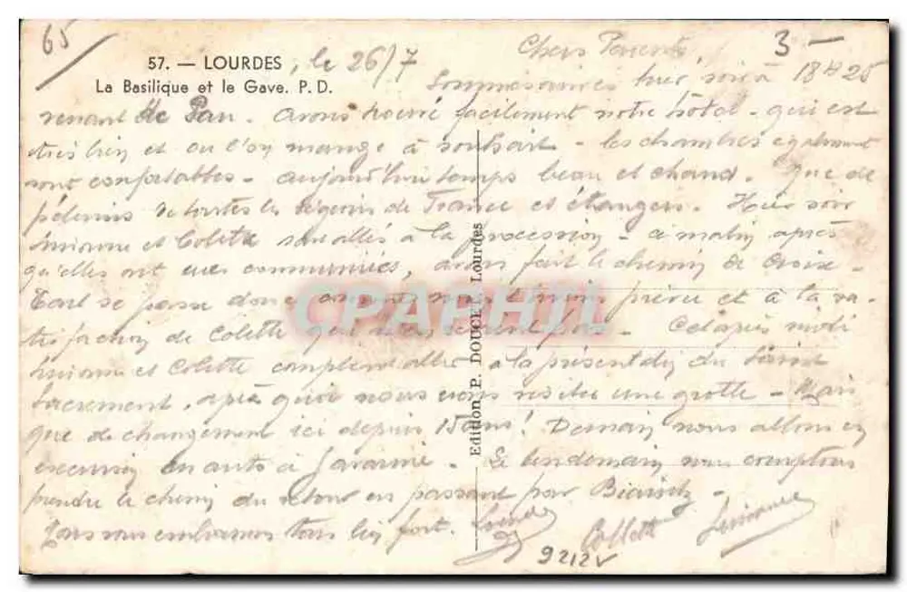 Lourdes — A Basílica e o Gave — Edição P. Dourlès, n° 57 - Verso