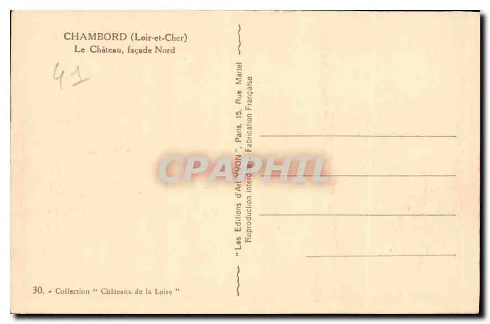 Chambord (Loir-et-Cher) — Le Château, façade Nord — Les Éditions d'Art YVON, Paris - Verso