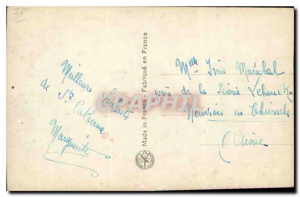 Mulher com casaco verde e lenço roxo — Timbre Catherine 6 — Noyer & Cie, n° 4706 - Verso