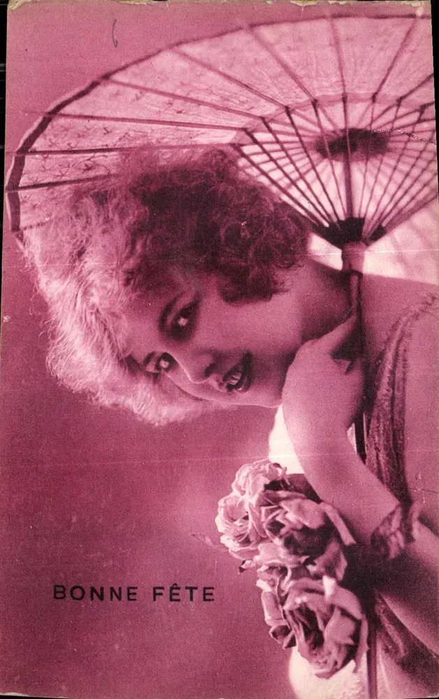 Femme aux cheveux bouclés tenant un parapluie — Bonne Fête — Imprimerie A.D. Roch - N° 3958 - Recto