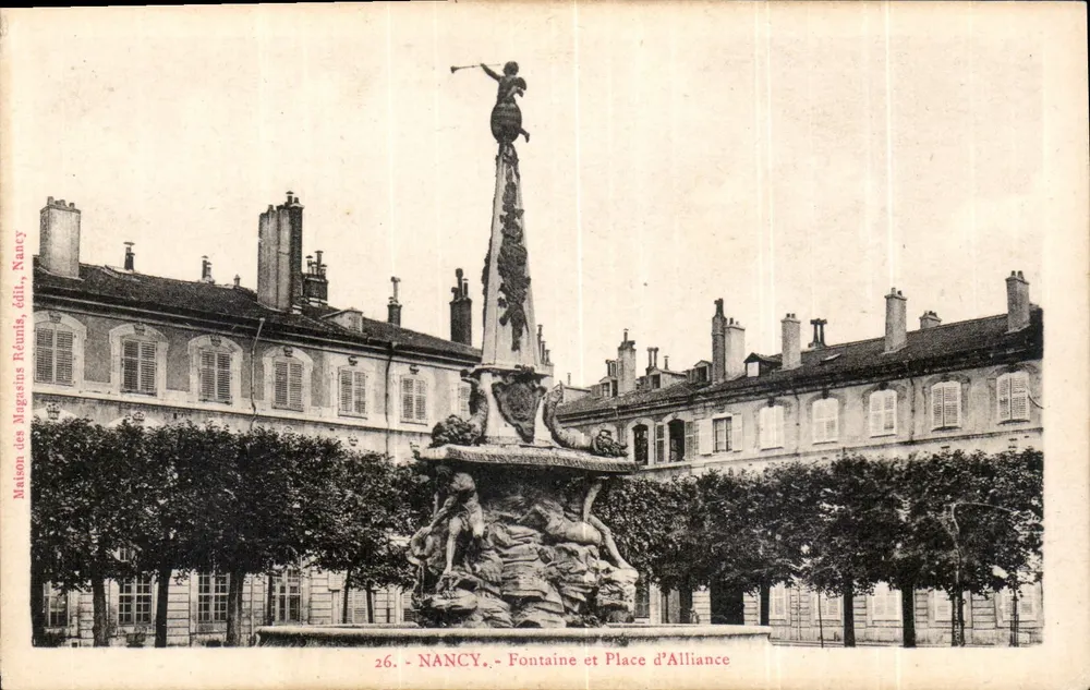Nancy — Fontaine e Place d'Alliance — Maison des Magasins Réunis, editor, Nancy - Frente