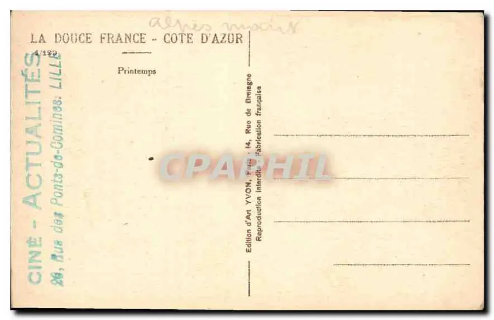 Dois camponeses em um pomar em flor — Alnés, Côte d'Azur — Edição Yvon, Lille - Verso