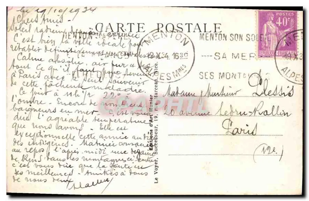 Menton — Vue prise du cap Martin — Photo Munier, n°80 - Verso