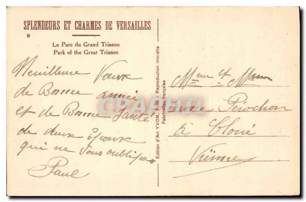 Le Parc du Grand Trianon — Versailles — Édition d'Art YVON, F. 9 - Verso