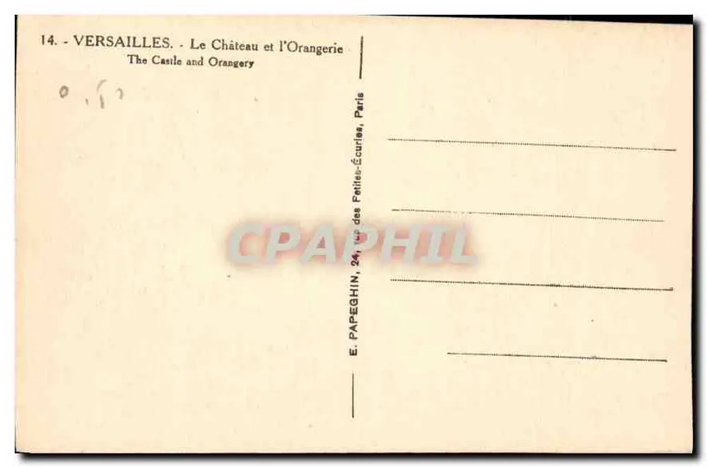 Versailles — O Castelo e a Orangerie — E. Papeghin, 24, rue des Petites-Écuries, Paris - Verso