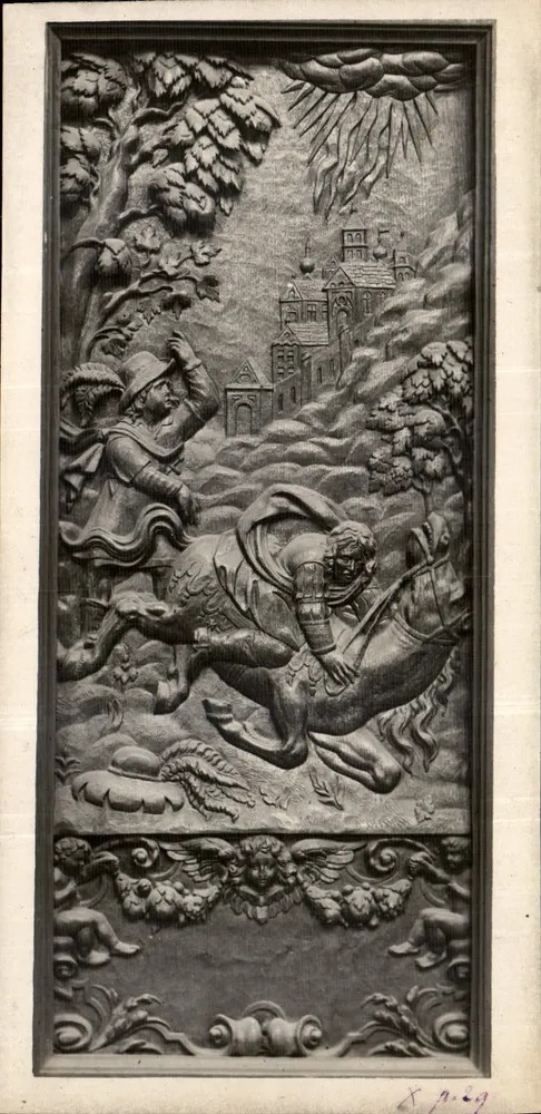 स्कल्प्चरल रिलीफ — एक राजपूत और गिरे हुए घोड़े वाले योद्धा का दृश्य — प्रकाशक जीरी, संख्या 24 - आगे