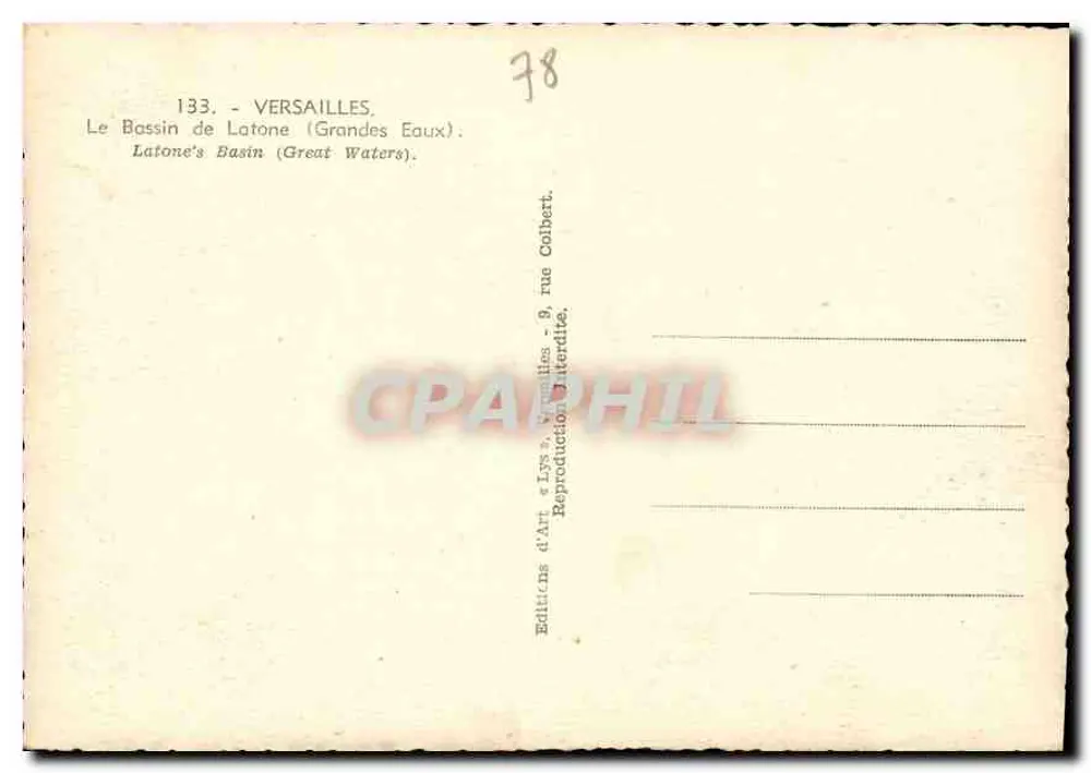 Versalhes — O Bassin de Latone (Grandes Eaux) — Editor Lys, n° 133 - Verso