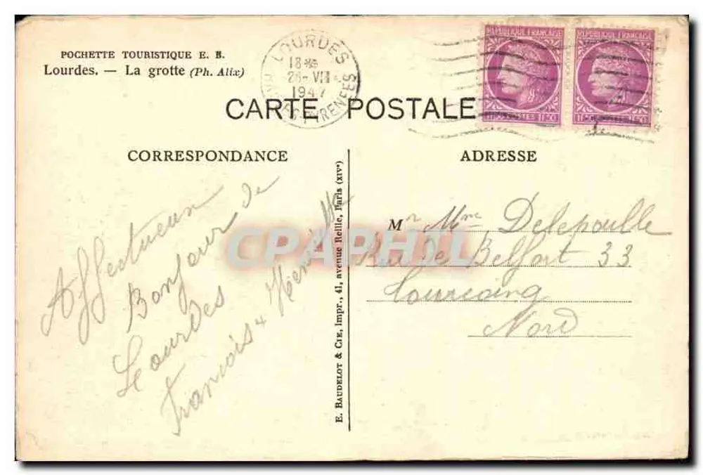 Lourdes — A gruta (Ph. Allax) — E. Baudelot & Cie, impr. Paris - Verso