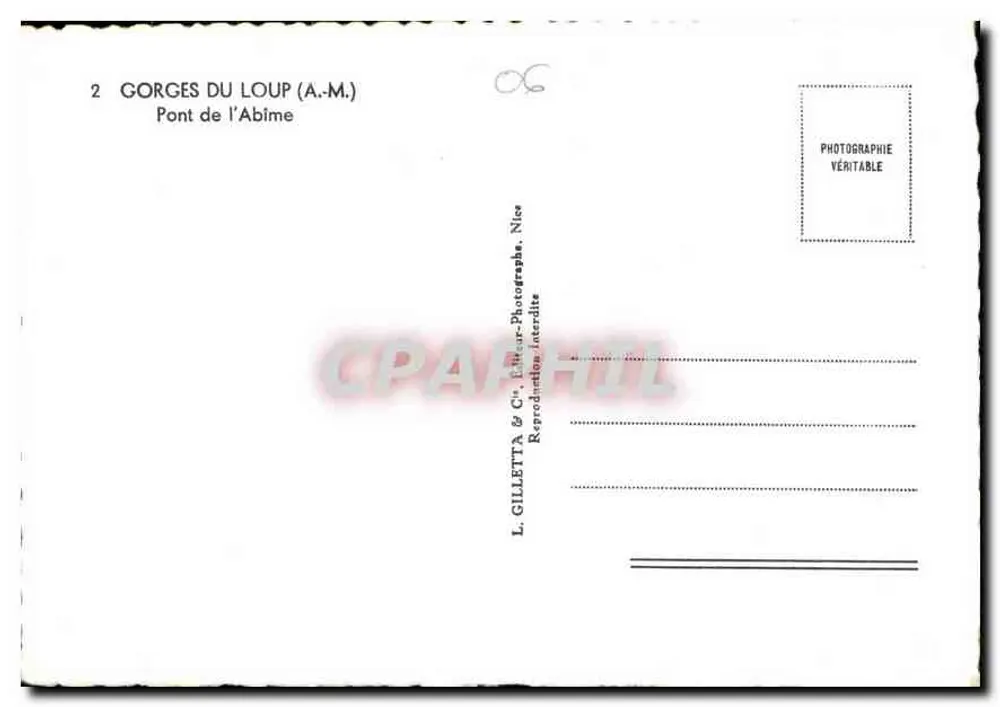 Gorges do Loup — Ponte da Abime — L. Gilletta & Cie, Fotógrafo, Nice - Verso