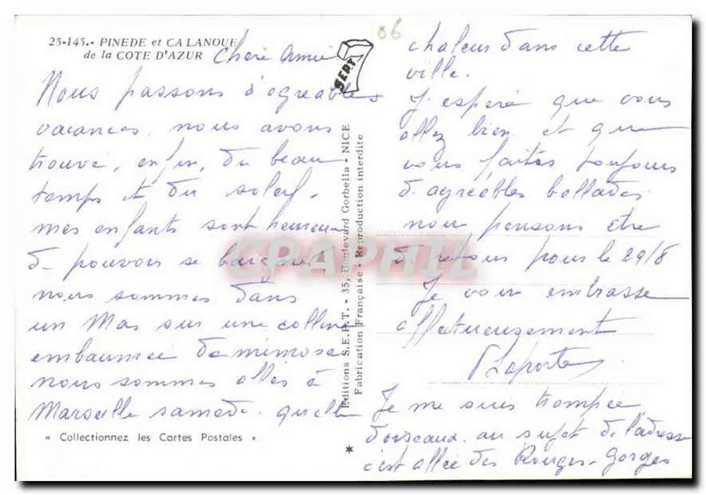 Pinede et Calanoue — Côte d'Azur — Éditions S.E.P.T. 35, Nice - Verso