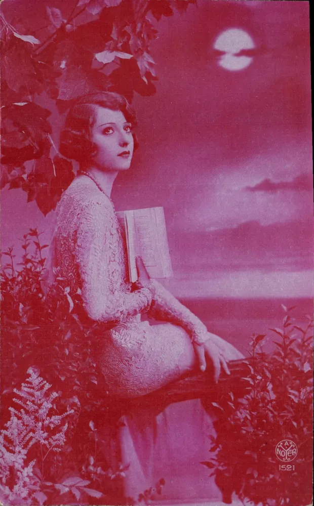 Jovem mulher em vestido bordado — sob a lua — editor A. Noëter n°1521 - Frente