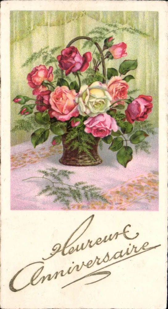 Arranjo de rosas — Aniversário — Carta postal antiga - Frente
