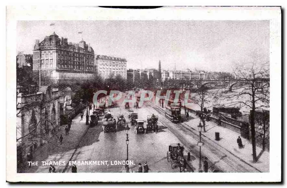 The Thames Embankment, London — vue de la promenade et du fleuve avec véhicules — éditeur non identifié - Front