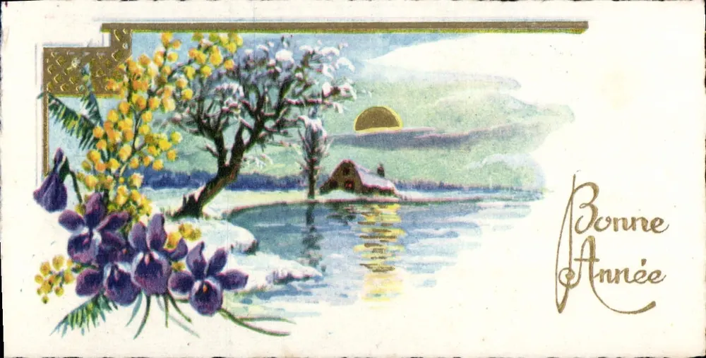 शीतकालीन प्रकृति के साथ फूल — शुभ वर्ष — अज्ञात प्रकाशक, श्रृंखला संख्या अदृश्य - आगे