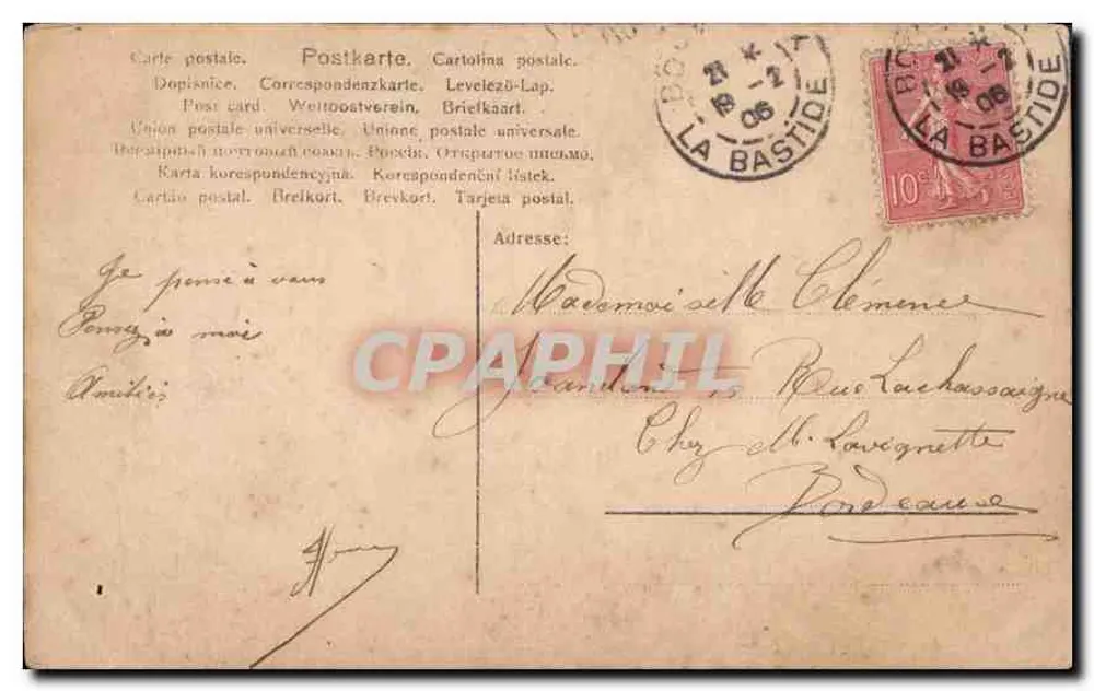 Jovem mulher em vestido rosa — buquê de flores — editor L. G. n° 442/3 - Verso