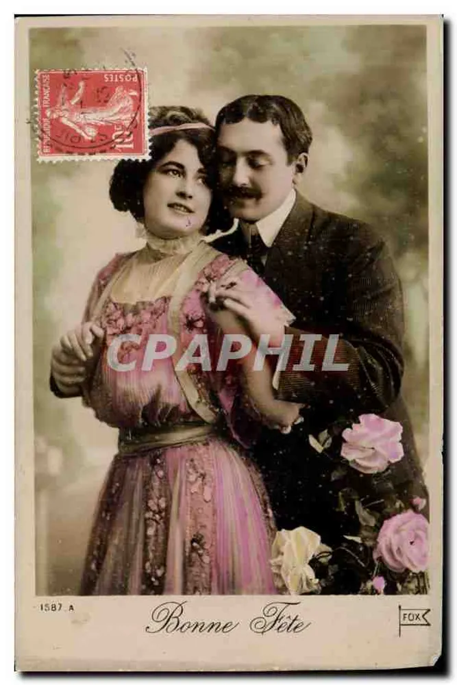 Couple en tenue de soirée — Bonne Fête — Éditeur FOX, n° 1587 A - Recto