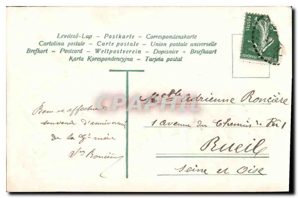 Bukiet fioletów i ptak — Urodziny — Karta pocztowa wielojęzyczna - Rewers
