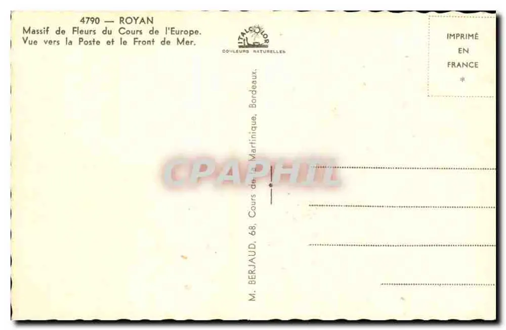 Royan — Blumenbeet des Cours de l'Europe — Blick zur Post und zum Seebad — Verlag M. Berjaud, Bordeaux - Rückseite