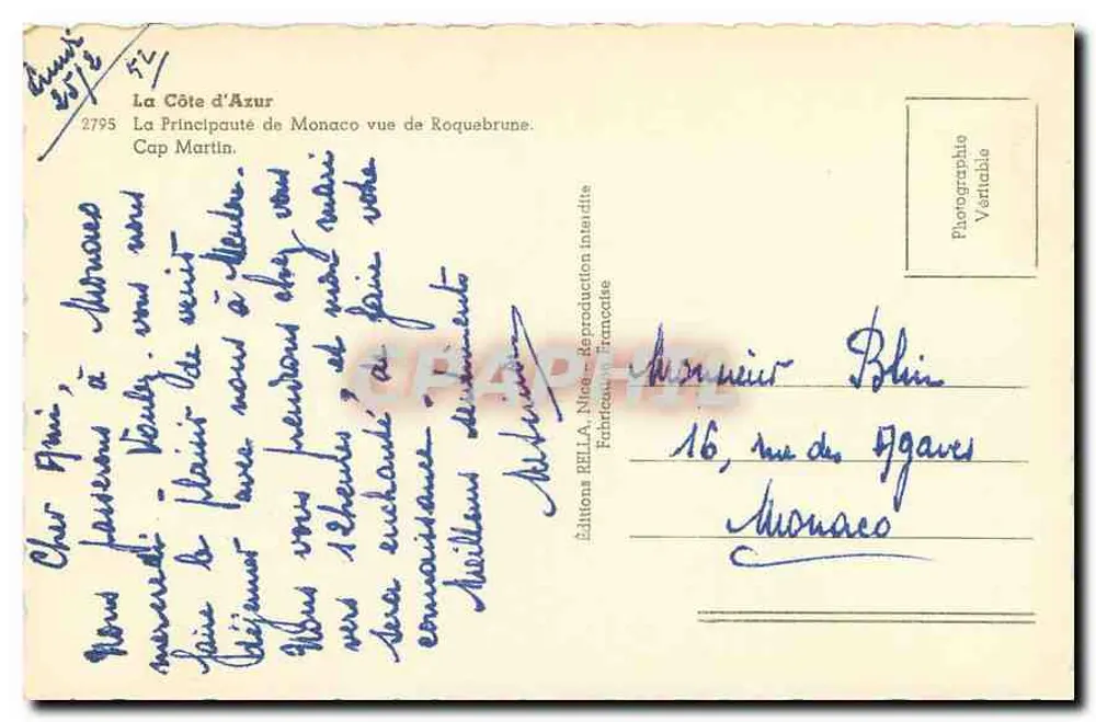 Das Fürstentum Monaco von Roquebrune aus gesehen — Cap Martin — Éditions REI.A. Nick - Rückseite