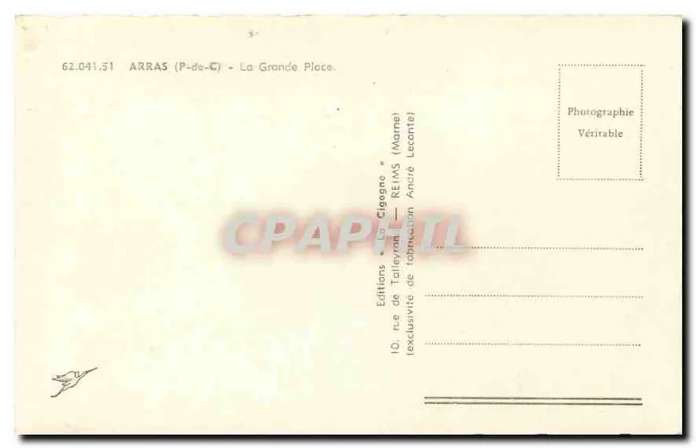 Arras - A Grande Praça — vista das arcadas — editor La Cigogne, n° 62.041.51 - Verso